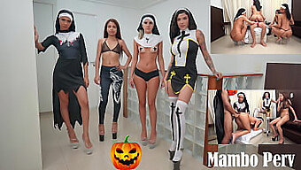 Mix Di Ebano E Avorio In Un Rituale Di Sesso Di Halloween Con 4 Suore Perverse